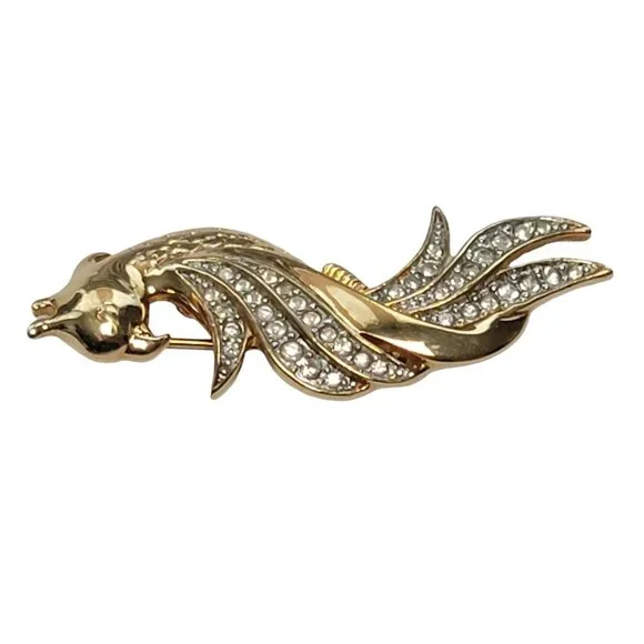 Van Dell Gold Tone Clear Rhinestone Parrot Bird Brooch, Signed